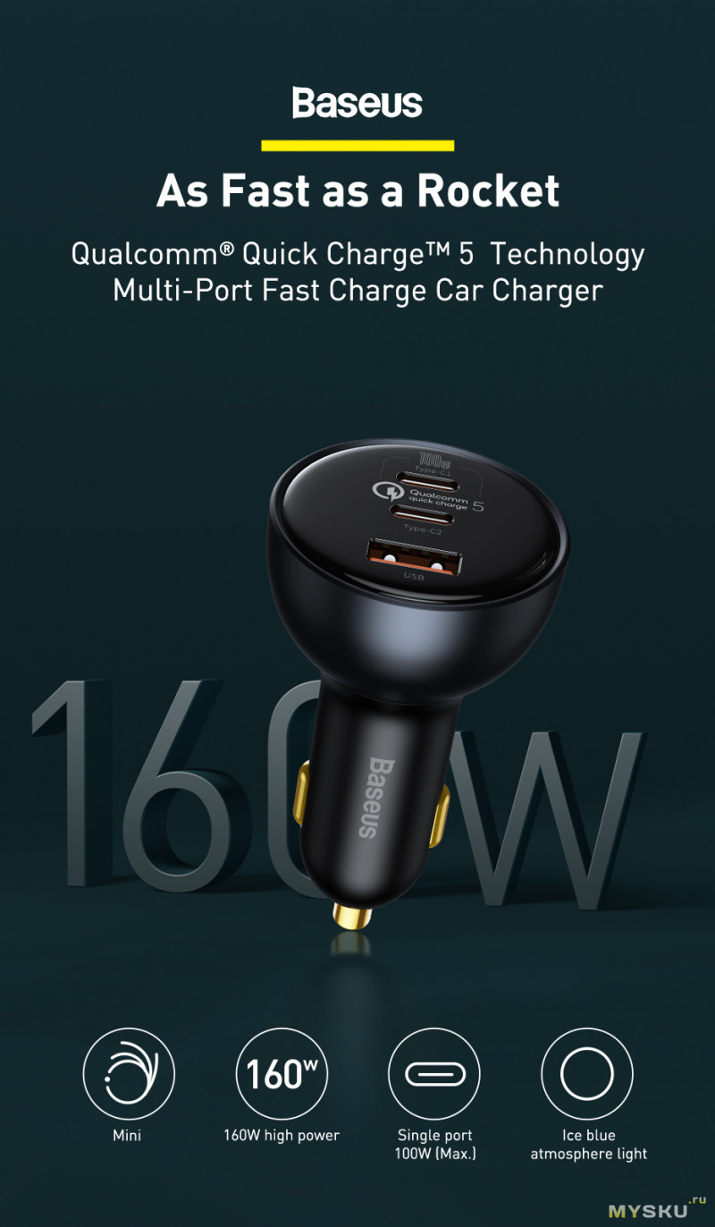 Мощное автомобильное зарядное устройство Baseus 160 Вт (27.99$)