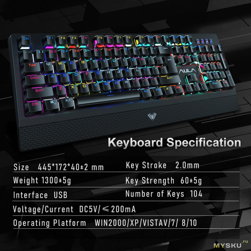 2085,59 руб. (29.99$) AULA RGB Игровая механическая клавиатура Blue Black Switch