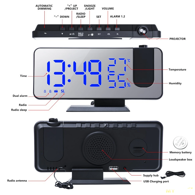 7.99$ Светодиодный будильник с FM радио и проекцией, а также показывает температуру и влажность