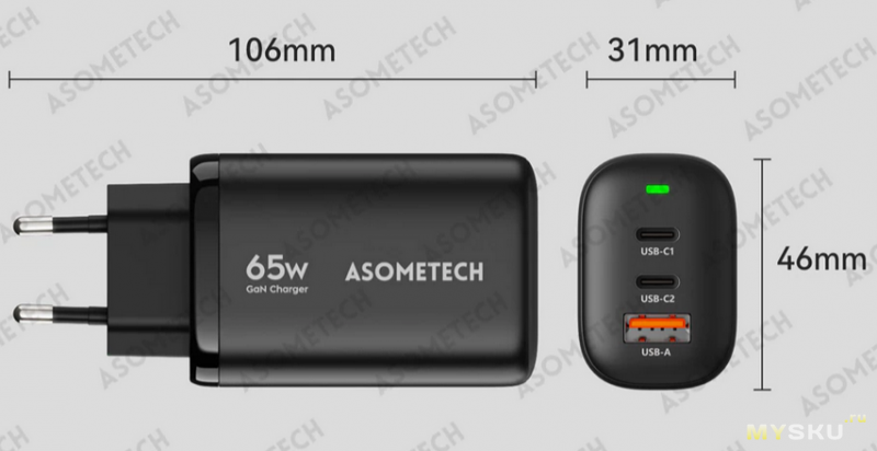 Зарядное устройство ASOMETECH ASC020-65W-2C1A. Грета одобряет, но это неточно