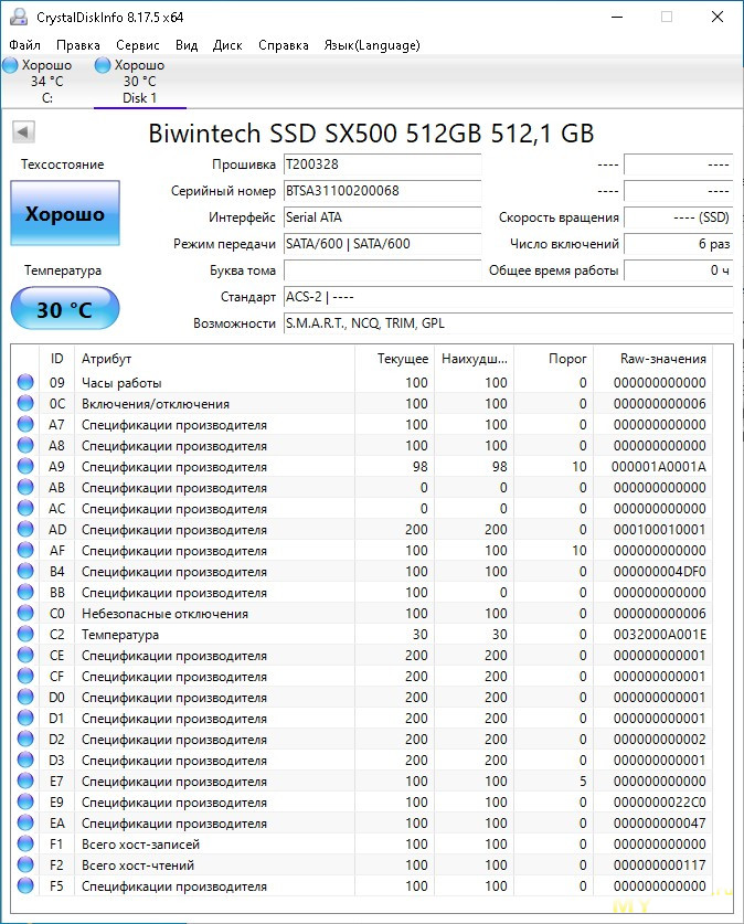 Внутренний 2,5" SATA SSD BiwinTech SX500